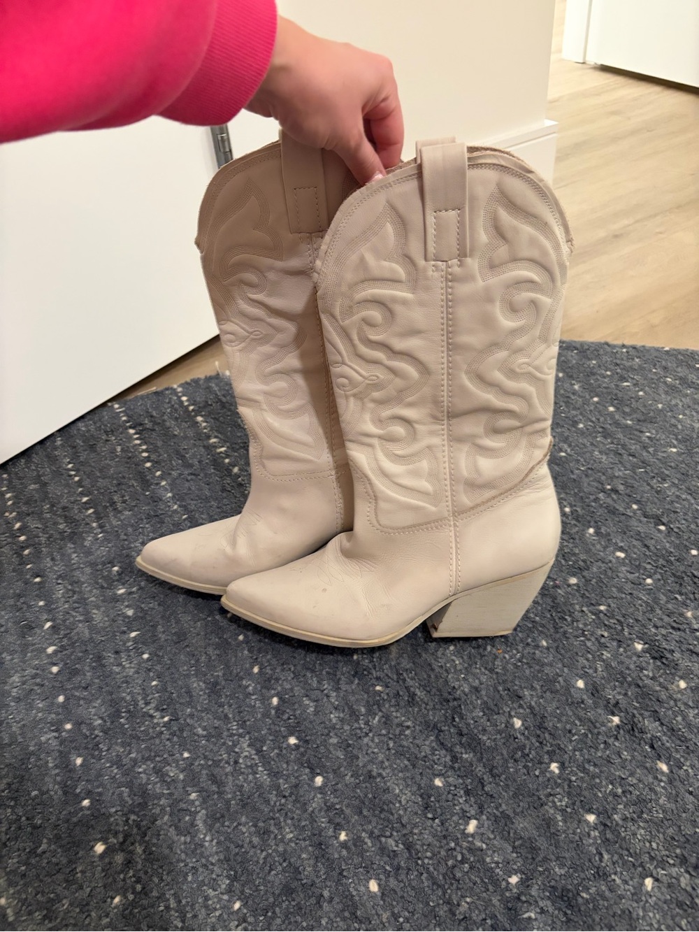 Women's Cream Western Mid-Calf cow-girl leather boots
